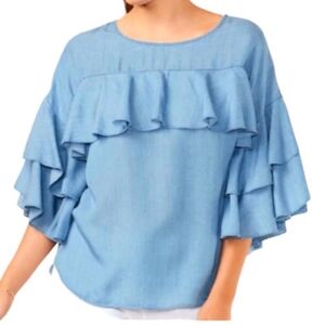 LC Lauren Conrad Chambray Blue Lightweight Denim Soft Ruffled Blouse